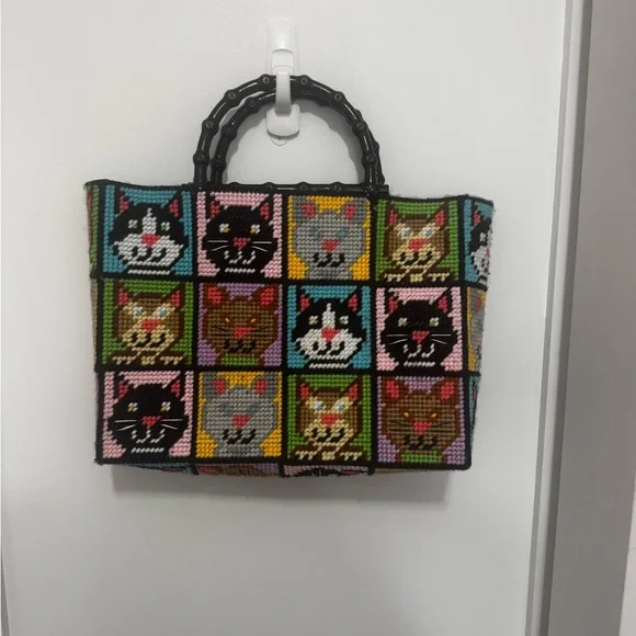 Vintage crochet/cross-stitch Colorful Cat Pattern Tote Bag - Picture 1 of 5